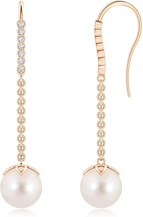 ANGARA Freshwater Pearl Earrings for Women | Round Freshwater Cultured Pearl Diamond Drop Earrings in 14K Solid Gold/Platinum | June Birthday, Anniversary, Gemstone Jewellery Gift