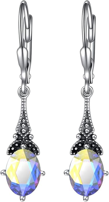 AOBOCO Vintage Earrings for Women Sterling Silver Retro Drop Dangle Leverback Earrings with 8x6mm Oval Genuine or Simulated Birthstone Crystal from Austria, Anniversary Jewelry Gifts for Her (Gift Box)