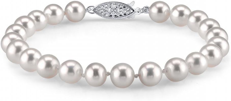 The Pearl Source 14K Gold 8-9mm AAA Quality Round White Freshwater Cultured Pearl Bracelet for Women