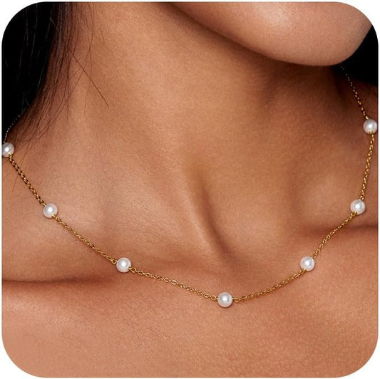 Pearl Necklaces for Women 14K Gold Plated Dainty Layered Single Pearl Necklace Simple Daisy Pearls Choker Cute Gold Necklace Stack Jewelry Sets for Women Trendy Gifts