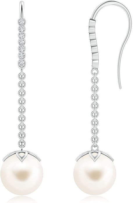ANGARA Freshwater Pearl Earrings for Women | Round Freshwater Cultured Pearl Diamond Drop Earrings in 14K Solid Gold/Platinum | June Birthday, Anniversary, Gemstone Jewellery Gift