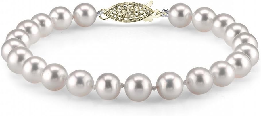 The Pearl Source 14K Gold 8-9mm AAA Quality Round White Freshwater Cultured Pearl Bracelet for Women