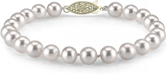 The Pearl Source 14K Gold 8-9mm AAA Quality Round White Freshwater Cultured Pearl Bracelet for Women