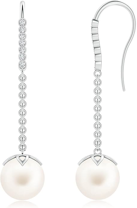 ANGARA Freshwater Pearl Earrings for Women | Round Freshwater Cultured Pearl Diamond Drop Earrings in 14K Solid Gold/Platinum | June Birthday, Anniversary, Gemstone Jewellery Gift