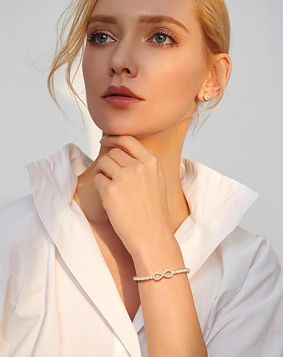 Moissanite Tennis Bracelets For Women, S925 Sterling Silver Infinity Bracelet, 3MM Width 18K Gold Plated White Gold Adjustable Bolo Bracelets- Birthday Valentines Day Gifts For Her Wife Mom