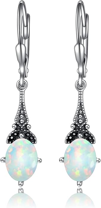 AOBOCO Vintage Earrings for Women Sterling Silver Retro Drop Dangle Leverback Earrings with 8x6mm Oval Genuine or Simulated Birthstone Crystal from Austria, Anniversary Jewelry Gifts for Her (Gift Box)