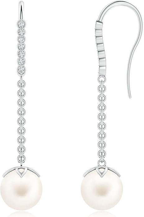 ANGARA Freshwater Pearl Earrings for Women | Round Freshwater Cultured Pearl Diamond Drop Earrings in 14K Solid Gold/Platinum | June Birthday, Anniversary, Gemstone Jewellery Gift