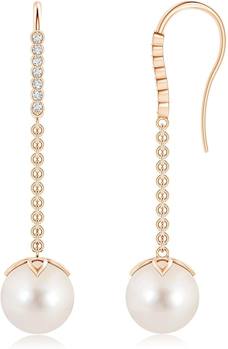 ANGARA Freshwater Pearl Earrings for Women | Round Freshwater Cultured Pearl Diamond Drop Earrings in 14K Solid Gold/Platinum | June Birthday, Anniversary, Gemstone Jewellery Gift