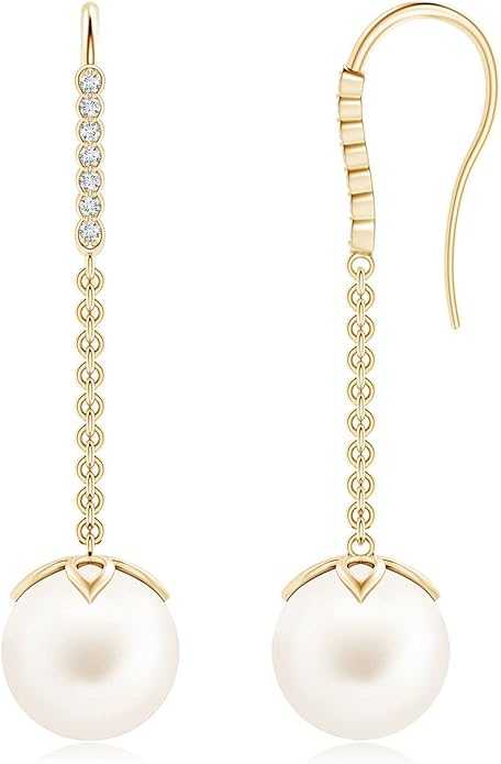 ANGARA Freshwater Pearl Earrings for Women | Round Freshwater Cultured Pearl Diamond Drop Earrings in 14K Solid Gold/Platinum | June Birthday, Anniversary, Gemstone Jewellery Gift