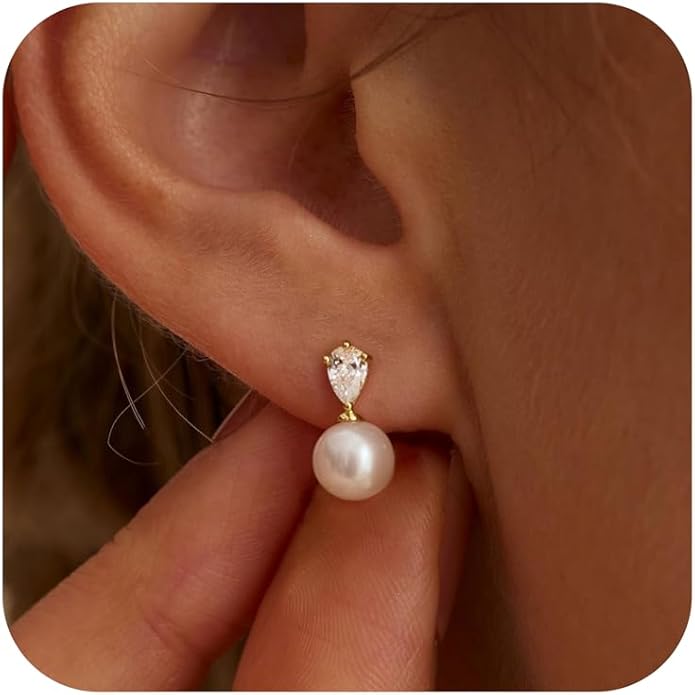Pearl Earrings for Women - Dainty Gold Dangle Drop Earrings, 14k Gold Plated Cute Bow Design, Hypoallergenic Pearl Studs, Wedding Jewelry Gifts