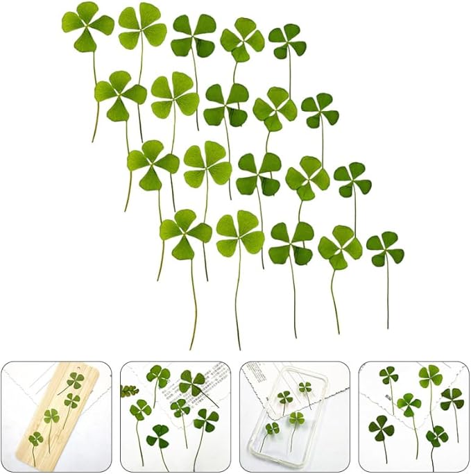 96 Pcs Dried Flowers Dried Jewelry Making Pressed Shamrock 4 Leaf Bookmark Paper Leaves for Crafts Epoxy Art Crafts Flowers Plants Accessories Four Leaf