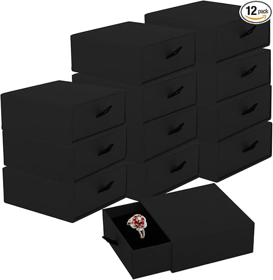 Coobbar Luxury Velvet-Lined Jewelry Gift Box 12-Pack, Compact Drawer Style Organizer for Earrings & Rings, Elegant Bracelet Display Box, Small Jewelry Storage Box, 3.5x3.5x1.26 Inches (Black)