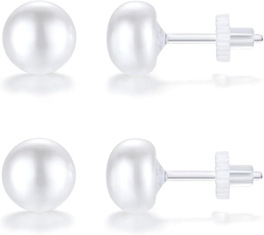 Plastic Earrings for Women, 2 Pairs 8mm Pearl Stud Earrings for Women, ABS Lightweight Faux Pearl Earrings, Hypoallergenic Metal-Free Plastic Post Earrings for Sensitive Ears, Flat Round Pearl Studs for Daily Wedding Gift