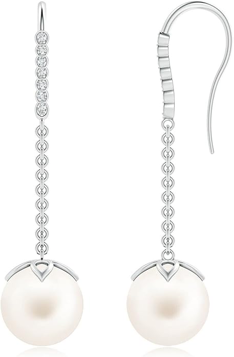 ANGARA Freshwater Pearl Earrings for Women | Round Freshwater Cultured Pearl Diamond Drop Earrings in 14K Solid Gold/Platinum | June Birthday, Anniversary, Gemstone Jewellery Gift