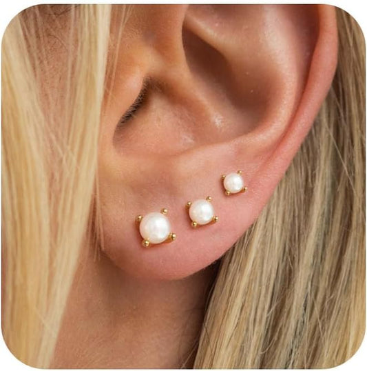 Pearl Earrings for Women - Dainty Gold Dangle Drop Earrings, 14k Gold Plated Cute Bow Design, Hypoallergenic Pearl Studs, Wedding Jewelry Gifts