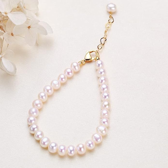 14K Gold over S925 Silver Pearl Bracelet, Freshwater Pearl Beaded Bracelet, Birthday, Mother's Day Gift for Mother, Wife, Girlfriend
