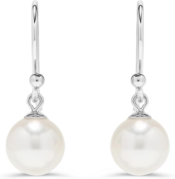 .925 Sterling Silver AAA 7.5-8mm Round White Freshwater Cultured Pearl French Wire Hook Dangling Drop Earrings