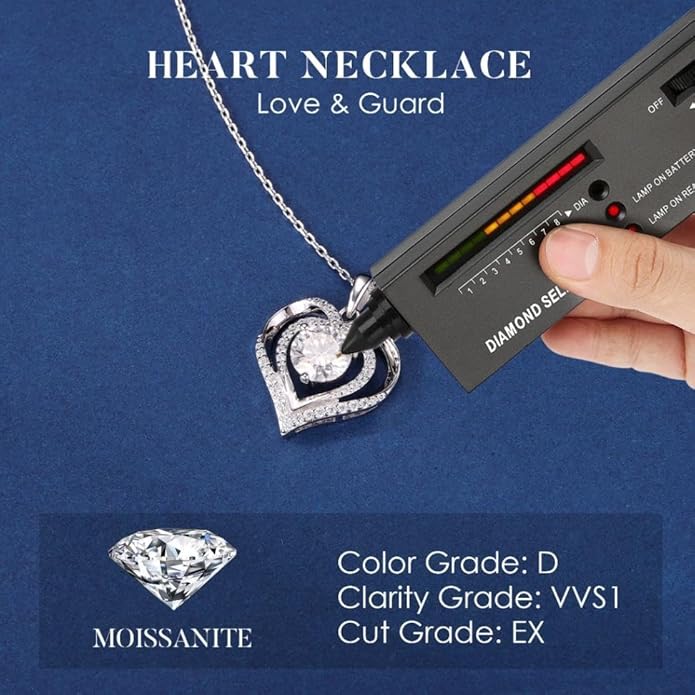MOOSEA Valentines Day Gifts for Her - 925 Sterling Silver Double Heart Moissanite Necklace, 1-3 Carat Lab Created Moissanite Anniversary Birthday Gift for Women Wife Girlfriend Mom