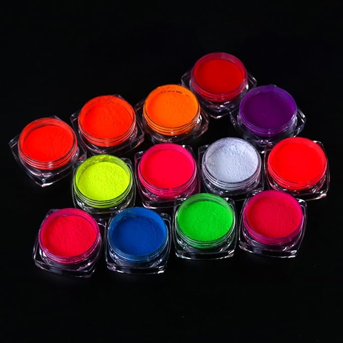 13 Colors Neon Phosphor Pigment Powder Set, Super Bright Fluorescent Nail Pigment Dust Nail Glitter for Gradient Iridescent Gel Polish Nail Art Decoration, Resin Craft