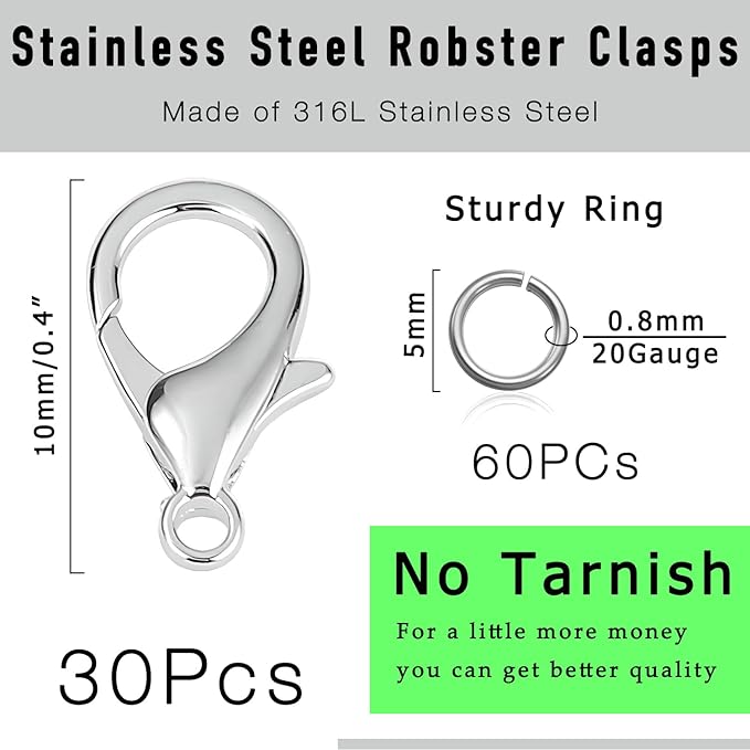 90Pcs Fadeless Lobster Claw Clasps (10mm) & Jump Rings for Jewelry Making, Necklace Bracelet Findings & Supplies (Stainless Steel)