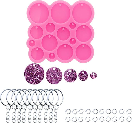 AMZTOART 1pc Glossy Circle Diameter 1cm 1.5cm 2cm 2.5cm 3cm Resin Silicone Keychain Molds, Round Epoxy Mold with 10PC Key Ring(DY1303)