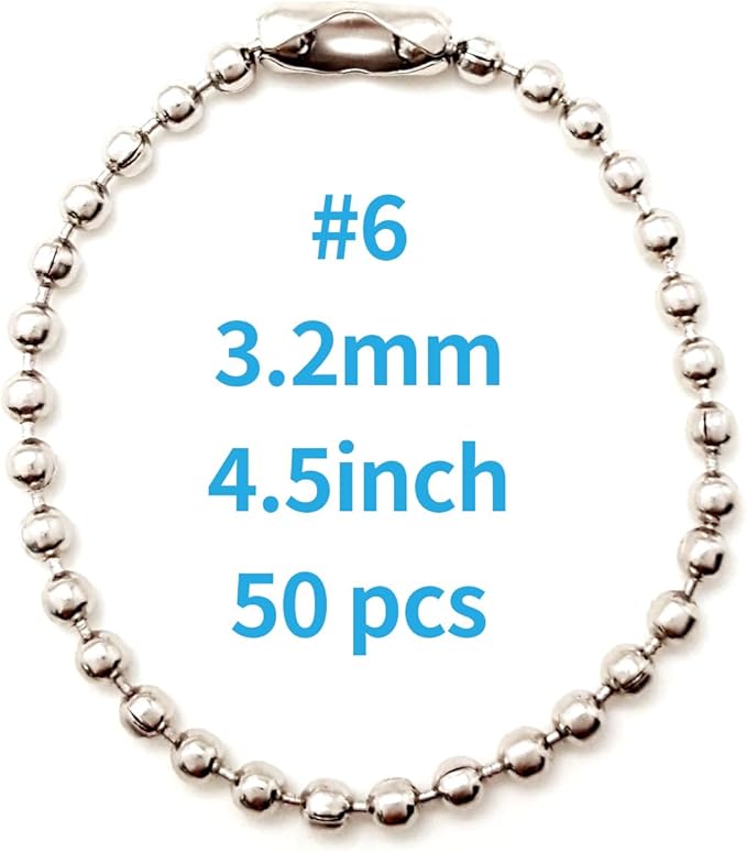 50-Pack 4-Inch Ball Chains with Connectors, 3.2mm Stainless Steel Beaded Chain for Dog Tags, Keychains, ID Tags, Necklace Chains, Crafts, Fan Pulls