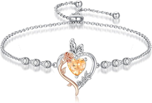 TOUPOP Rose Heart Birthstone Bracelet 925 Sterling Silver Butterfly Heart Bracelet Love Jewelry for Women Anniversary Valentines Day Birthday Gifts for Her Wife Mom