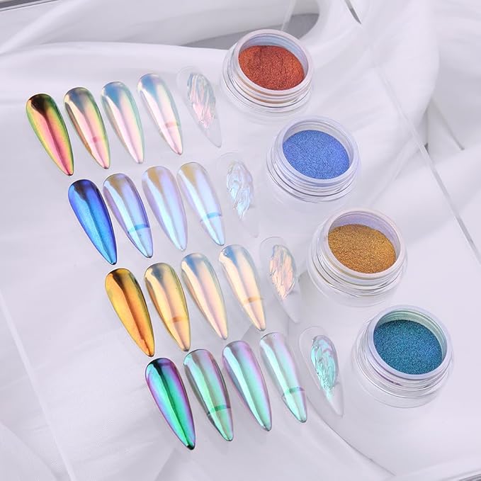 4 Colors Chameleon Chrome Nail Powder Kit, Metallic Mirror Effect Nail Glitter Aurora Iridescent Pearlescent Mermaid Pigment Dust for Gel Polish Nail Art Decoration, Resin Craft