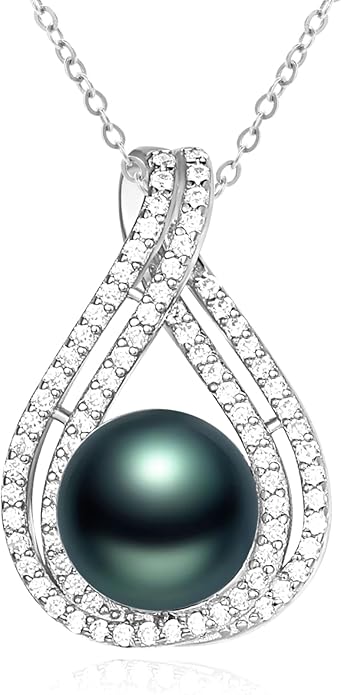 Freshwater Black Pearl Necklace for Women 18K White Gold Plated Sterling Silver 8-10mm AAAA Engagement Wedding Jewelry Anniversary Wedding Birthday Gifts for Mom Mother Wife