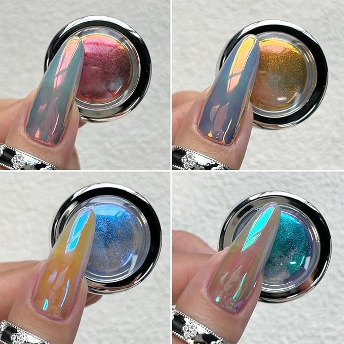 4 Colors Chameleon Chrome Nail Powder Kit, Metallic Mirror Effect Nail Glitter Aurora Iridescent Pearlescent Mermaid Pigment Dust for Gel Polish Nail Art Decoration, Resin Craft