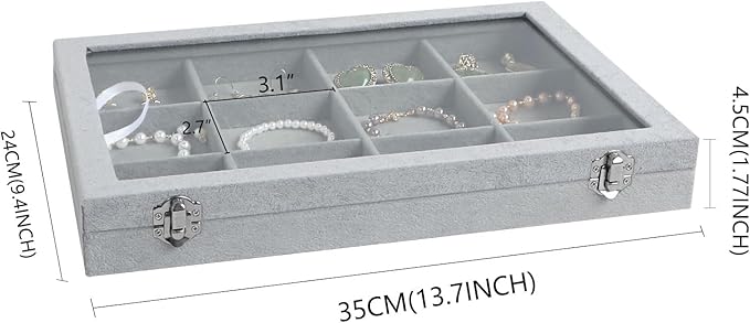 Wudygirl 12 Grid Jewelry Organizer Velvet Jewelry Tray with Clear Lid Jewelry Box Bracelet Holder Display Case Storage Bracelets Rings Earrings Organizer (12 Grid)