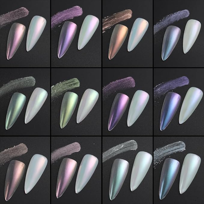 SUTOKAKA 12 Jars Mermaid Chrome Nail Powder, Iridescent Aurora Powder Pearlescent Dust Metallic Mirror Glitter Effect Pigment Nail Art Glitter Manicure Decoration for Home DIY Salon