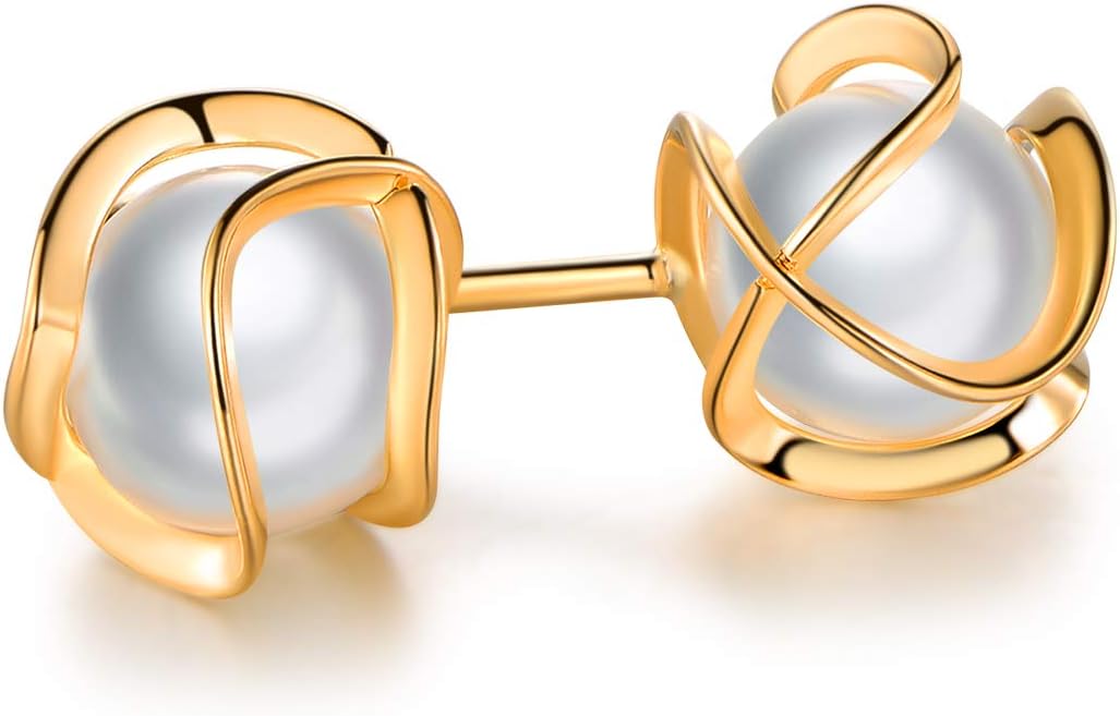 Barzel 18K Gold Plated Caged Pearl Stud Earrings, 6MM - Made In Brazil