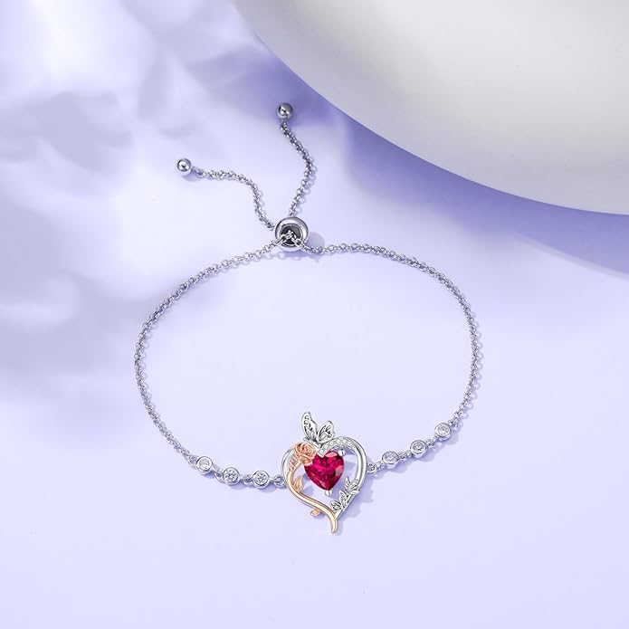 TOUPOP Rose Heart Birthstone Bracelet 925 Sterling Silver Butterfly Heart Bracelet Love Jewelry for Women Anniversary Valentines Day Birthday Gifts for Her Wife Mom