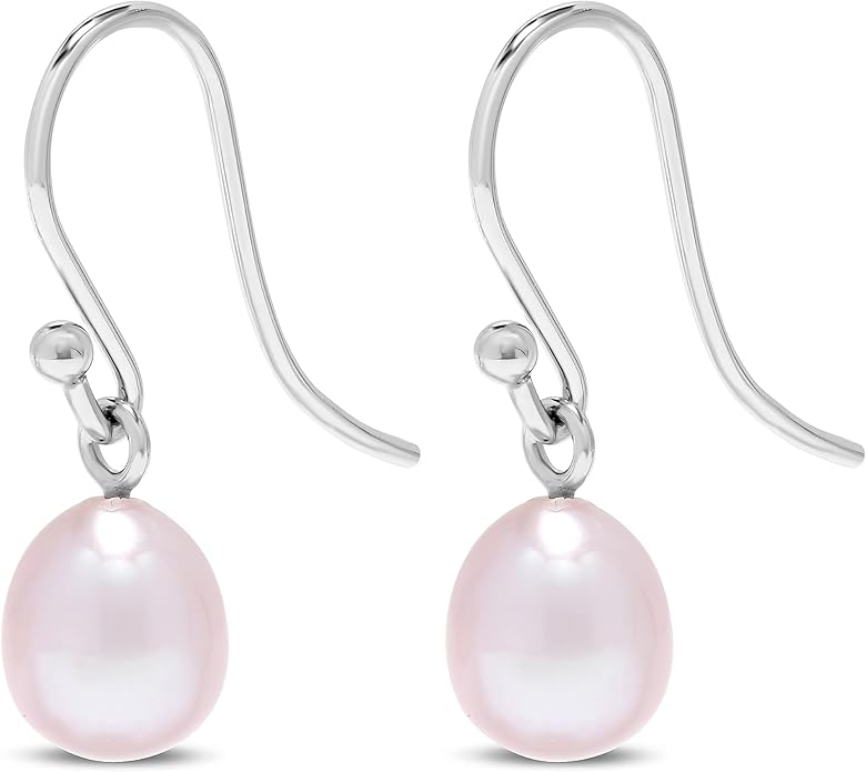 .925 Sterling Silver AAA Natural Pink Teardrop Shaped Freshwater Cultured Pearl French Wire Dangling Drop Earrings