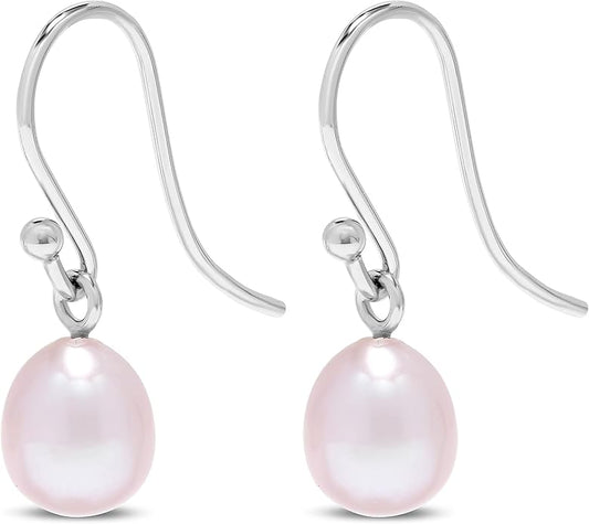 .925 Sterling Silver AAA Natural Pink Teardrop Shaped Freshwater Cultured Pearl French Wire Dangling Drop Earrings