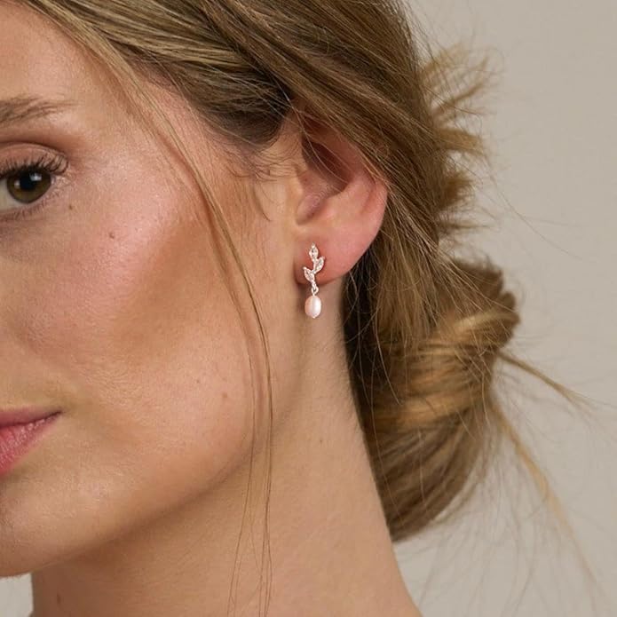 Pearl Earrings for Women - Dainty Gold Dangle Drop Earrings, 14k Gold Plated Cute Bow Design, Hypoallergenic Pearl Studs, Wedding Jewelry Gifts