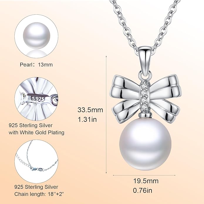 Pearl Pendant Necklace for Women,925 Sterling Silver Pendant Jewelry,Anniversary Christmas Birthday Valentines Gifts for Wife, Mom, Dauhter, Girlfriend,Her