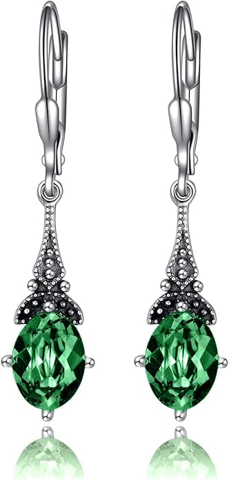 AOBOCO Vintage Earrings for Women Sterling Silver Retro Drop Dangle Leverback Earrings with 8x6mm Oval Genuine or Simulated Birthstone Crystal from Austria, Anniversary Jewelry Gifts for Her (Gift Box)