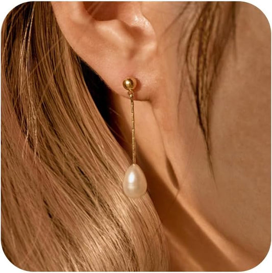 Pearl Earrings for Women - Dainty Gold Dangle Drop Earrings, 14k Gold Plated Cute Bow Design, Hypoallergenic Pearl Studs, Wedding Jewelry Gifts