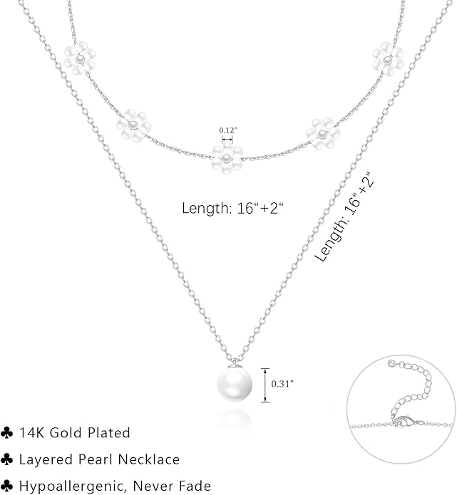 Pearl Necklaces for Women 14K Gold Plated Dainty Layered Single Pearl Necklace Simple Daisy Pearls Choker Cute Gold Necklace Stack Jewelry Sets for Women Trendy Gifts