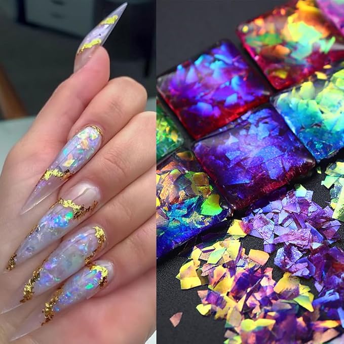 Vezocim Iridescent Glitter Nail Art Sequins, Holographic Transparent Irregular Ultra Thin Nail Art Glitter Flakes Designs, Mermaid Nail Glitter Acrylic Supplies Decorations for Women Manicure Art