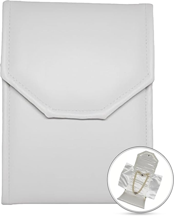 Novel Box Necklace Display Pearl Folder 8x6 inch Large Travel Jewelry Case - Wedding Jewelry Storage Holder with Smooth Finish - Jewelry Organizer Necklace Box - White/White Stitched