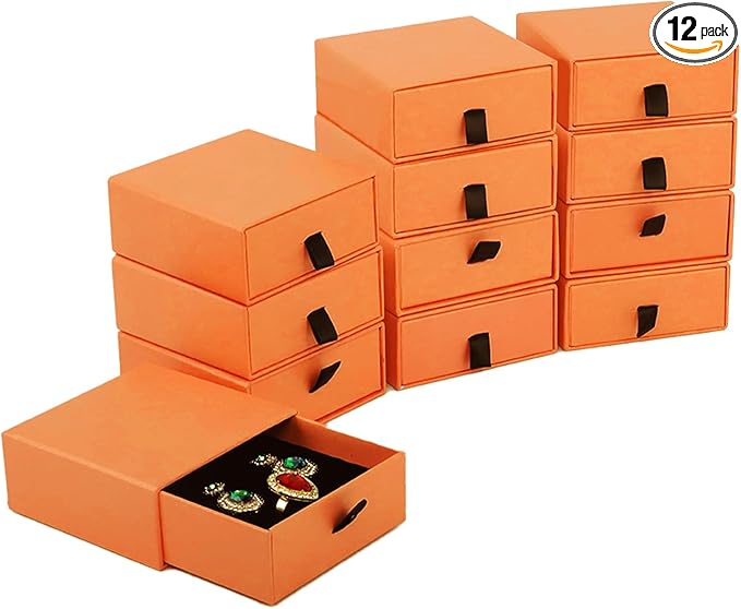 Nsmykhg Jewelry Gift Box Velvet-Lined,12 Pack Compact Drawer Style for Earrings & Rings, Necklace & Bracelet Organizer, 3.93x3.93x1.65 Inches, Stackable Elegant Jewelry Display & Storage Box (Orange)