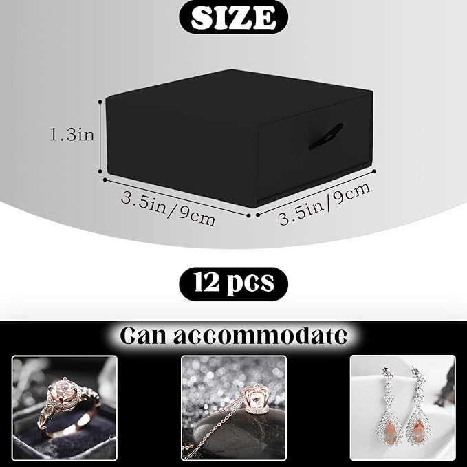 Coobbar Luxury Velvet-Lined Jewelry Gift Box 12-Pack, Compact Drawer Style Organizer for Earrings & Rings, Elegant Bracelet Display Box, Small Jewelry Storage Box, 3.5x3.5x1.26 Inches (Black)