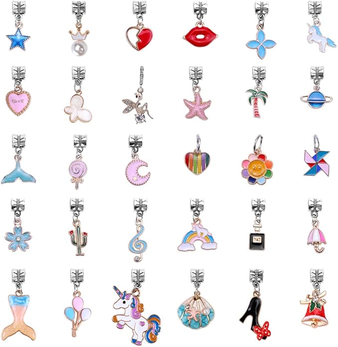 60 Pieces Assorted European Beads with Plating Silver Metal Alloy Rhinestone Large Hole Spacer Beads for DIY Charm Bracelet Jewelry Making (Alloy Coating Color Pendant)