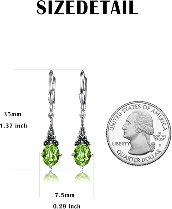 AOBOCO Vintage Earrings for Women Sterling Silver Retro Drop Dangle Leverback Earrings with 8x6mm Oval Genuine or Simulated Birthstone Crystal from Austria, Anniversary Jewelry Gifts for Her (Gift Box)