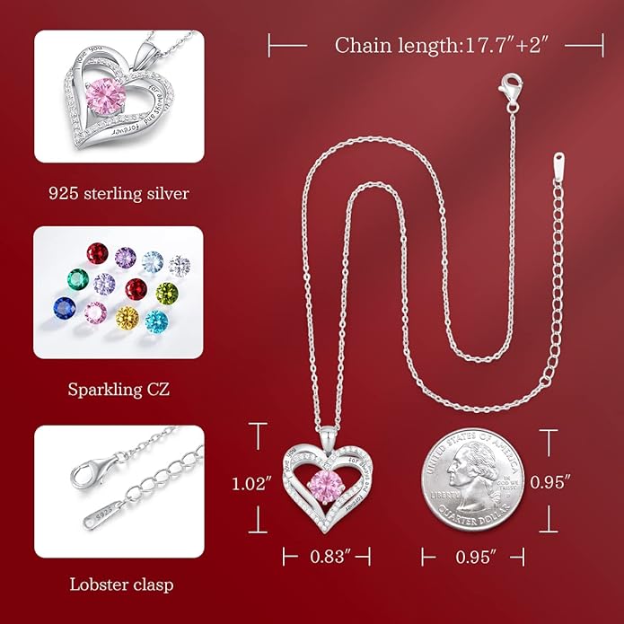 CDE Valentine's Day Gift Forever Love Heart Necklaces for Women, Wedding Anniversary, Birthday Mothers Christmas Day Gifts for Mom, Mother, Wife, S925 Silver Jewelry with Birthstone Pendant