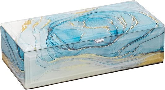 Glass Jewelry Box for Women Girl Wife-Jewelry Organizer Storage Case With Velvet Lining For Earrings Rings Bracelets,Perfect Birthday, Wedding & Christmas Gift(Blue Marble Pattern)