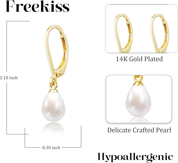 Freekiss Pearl Earrings for Women Trendy: Flat Back Stud Earrings 14K Gold Plated/925 Sterling Silver Freshwater Pearl Dangle Earrings Cute Bow Earrings Wedding Jewelry Birthday Gifts for Women Girls
